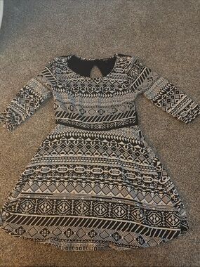 BeBop Black & White Patterned Long Sleeve Fit-and-Flare Dress